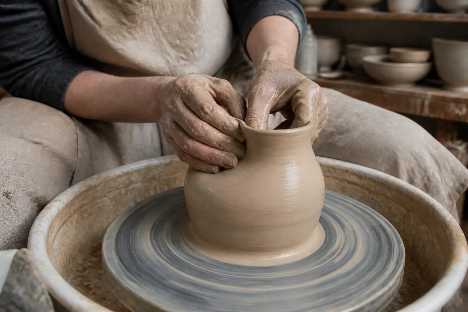 Clay-covered hands shaping a stoneware vase on a pottery wheel