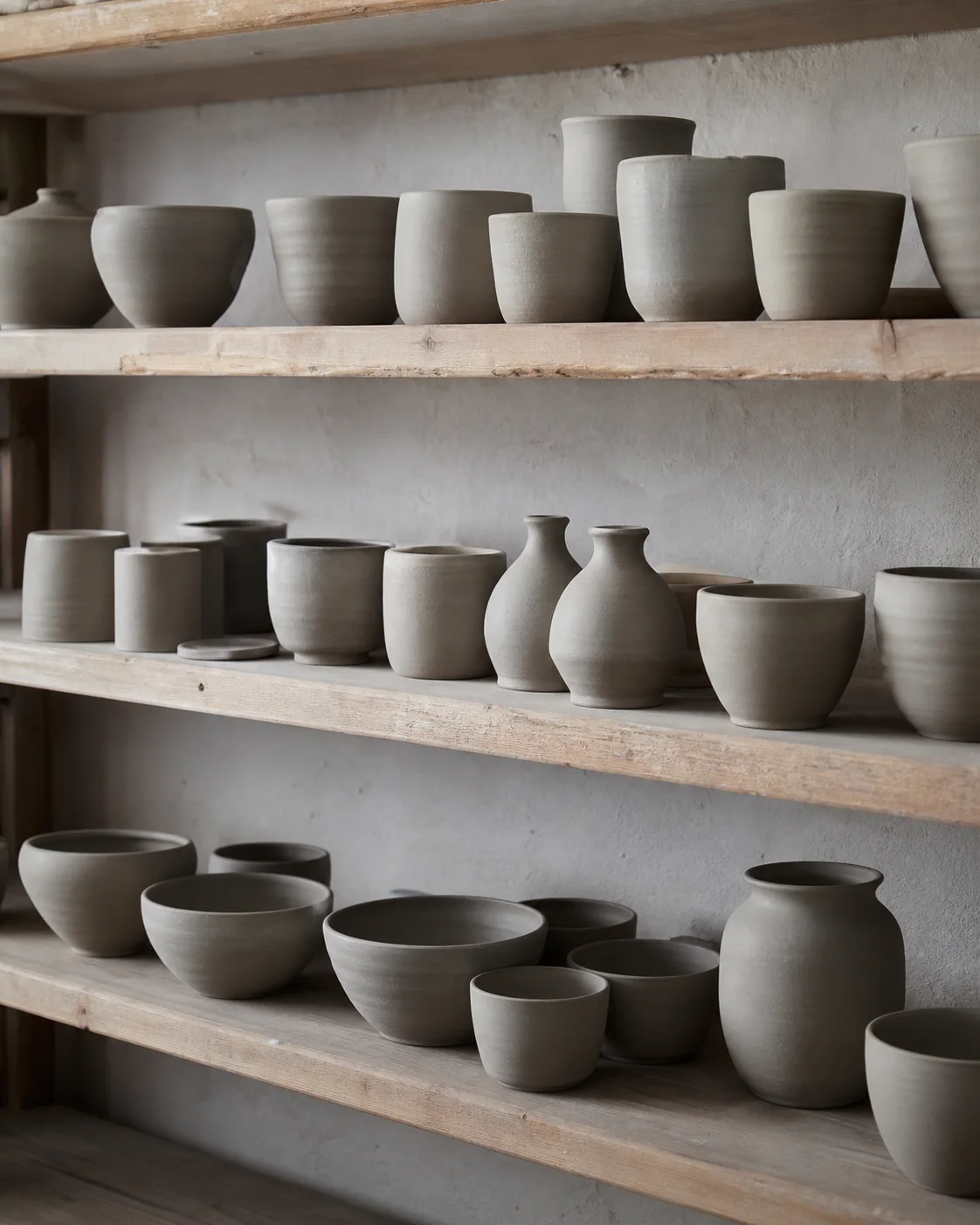 Rows of hand-thrown cups, bowls, and vases drying on wooden studio shelves