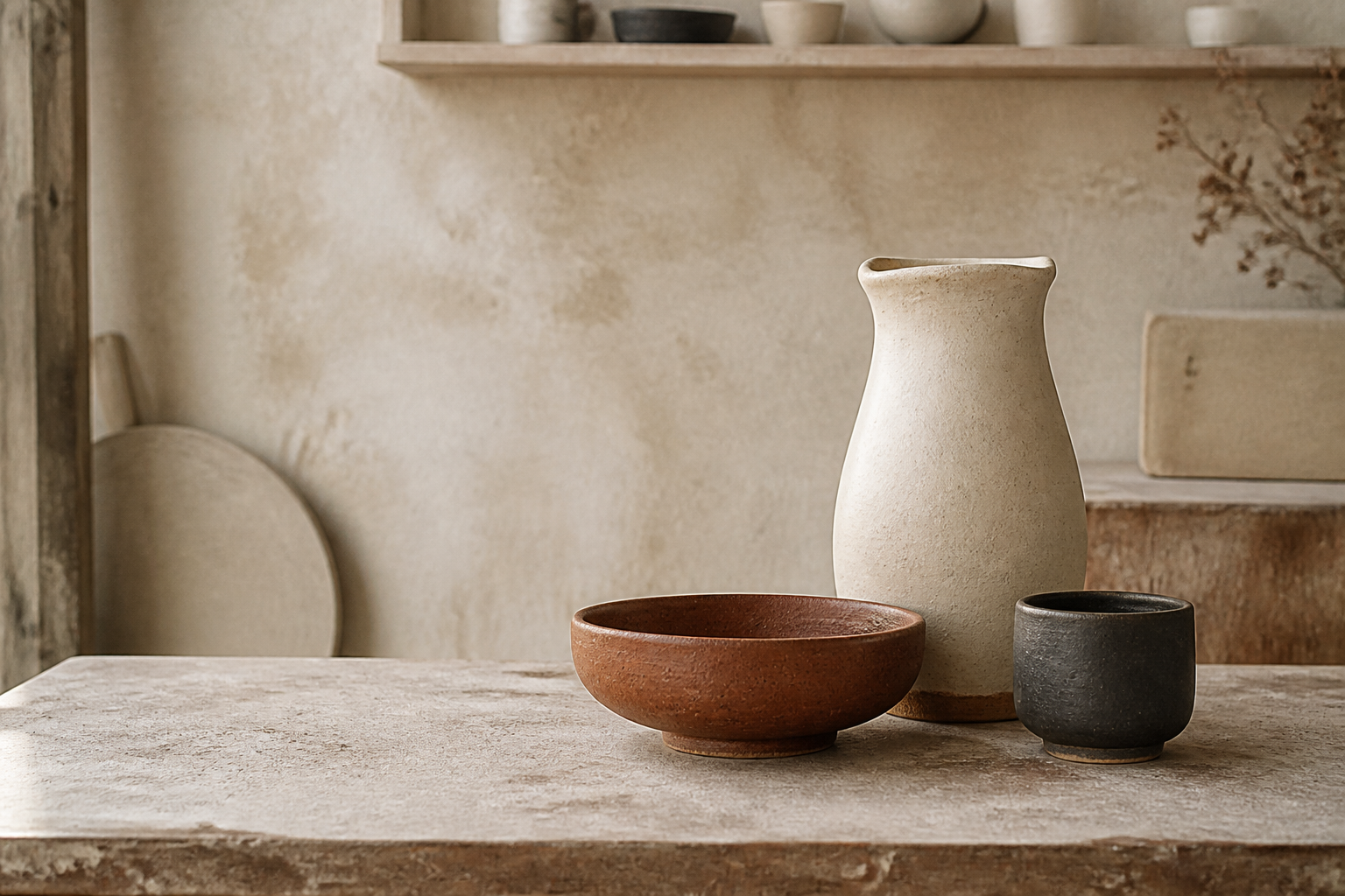 Hand-thrown cream vase, terracotta bowl, and charcoal cup on a pottery studio workbench